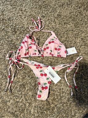 Cherry-Print Pink Triangle Tie-Side Bikini